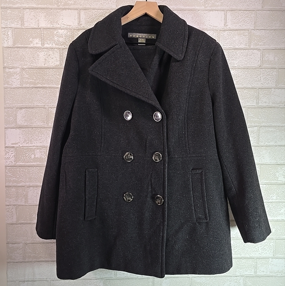 Kenneth Cole Reaction Women's Black Wool Blend Button Up Classic Pea Coat XXL